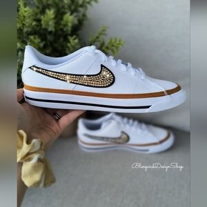 Women's Bling Nike Court Legacy White Sneakers made with Crystals Custom